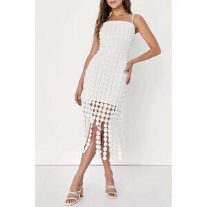 Lulus Fun Fascination White 3D Dot Sleeveless Fringe Midi Dress Sz Medium White